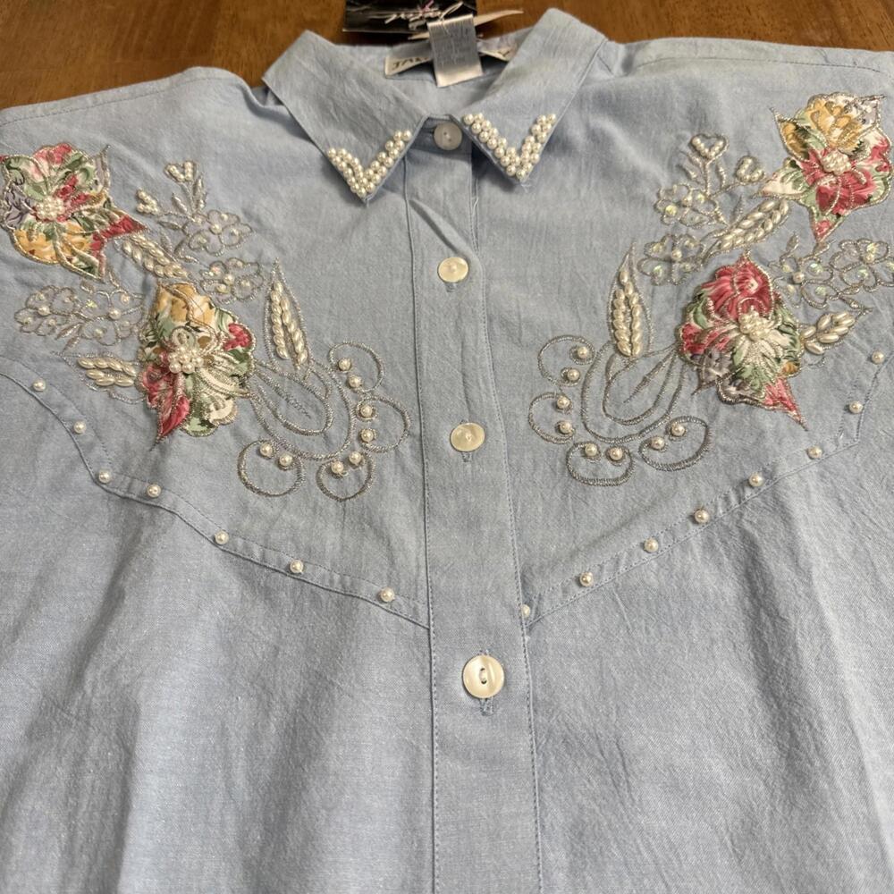 VTG Jane Ashley Chambray Shirt Womens M Denim Floral Beaded Western Cowgirl NWT - Picture 7 of 8